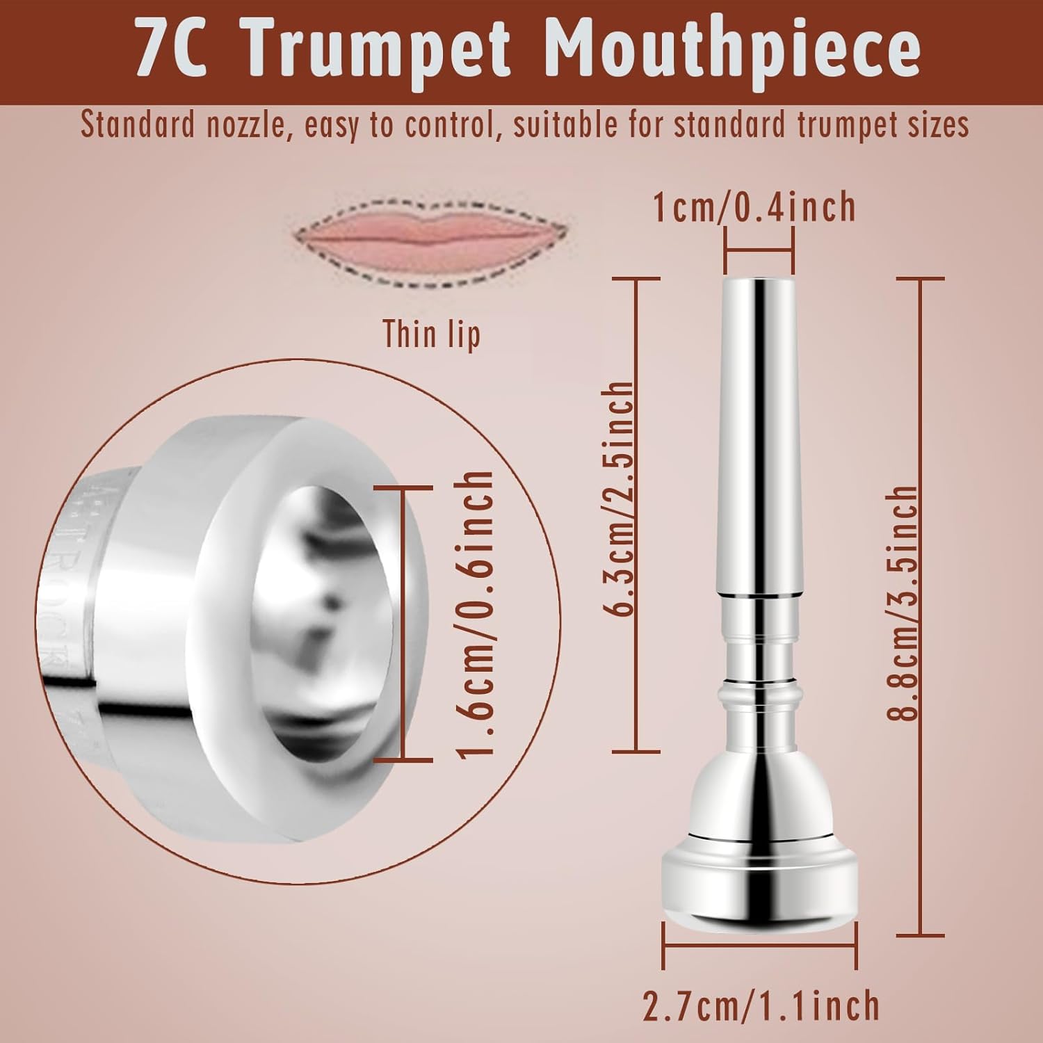 EastRock Bocchino per Tromba,7C Tromba Bocchino Placcato Argento Ricambio Bb Tromba Accessori per Strumenti Musicali Tromba Pratica Bocchino per principianti (7C, Silver)
