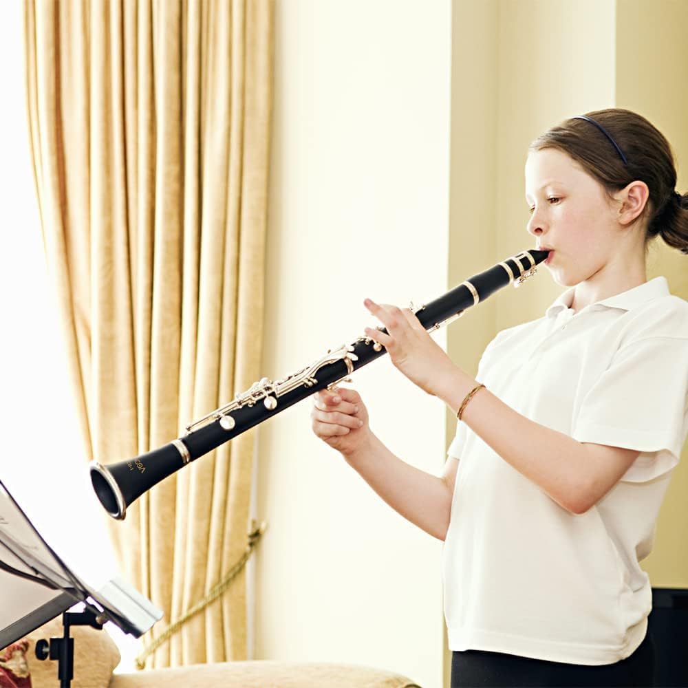 Vangoa B Flat Clarinetto 17 chiavi in nichel set per principianti, studenti , con bocchino 4C, kit di pulizia, balsamo per le labbra, custodia rigida, supporto, 10 ance e guanti, nero