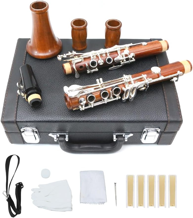 WUQIMUSC Clarinetto professionale corpo palissandro placcato argento chiave B-flat chiavi 17 Bb chiave due barili custodia rigida guanti bianchi