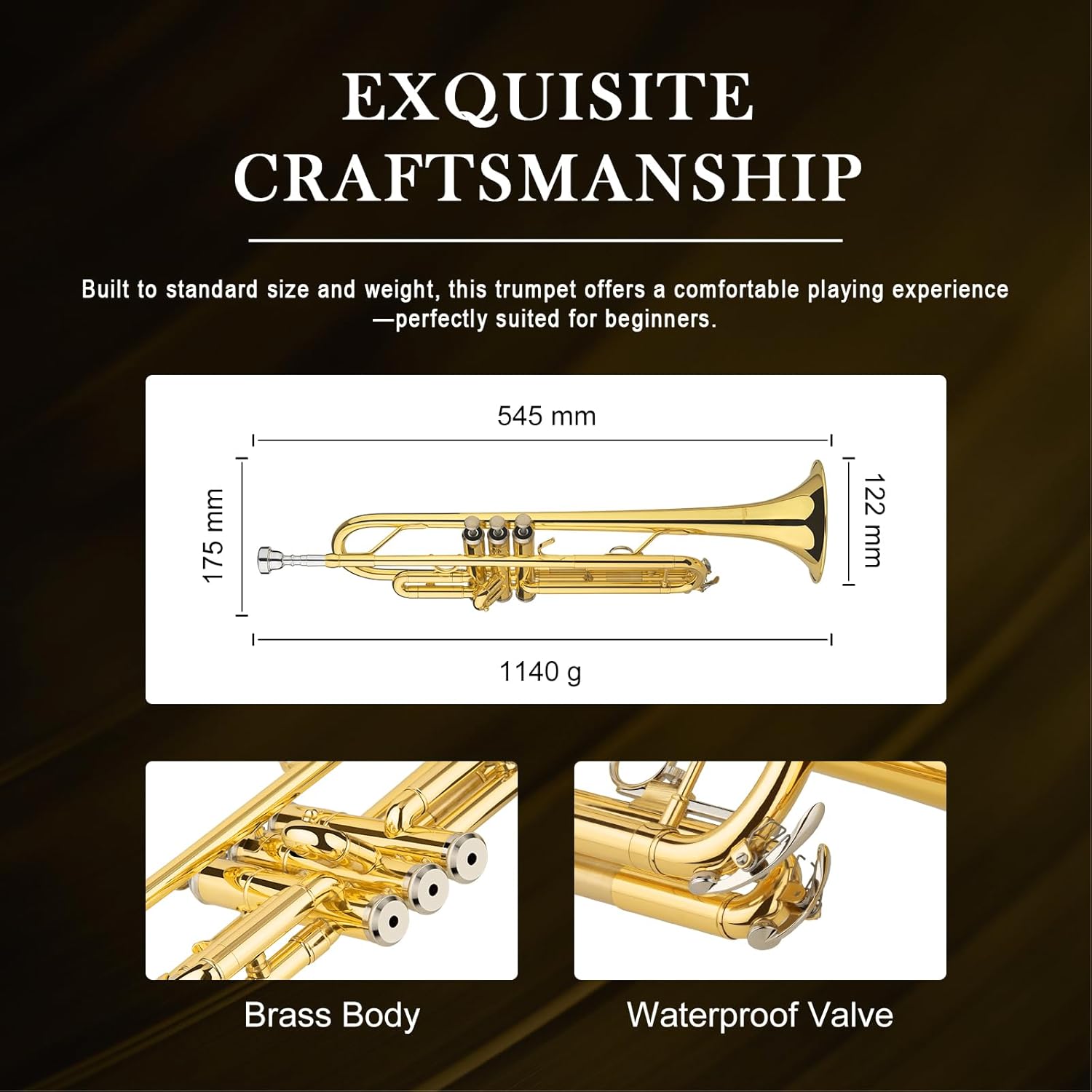 SONICAKE Tromba Bb Standard per Principianti, Tromba Studentesca in Ottone Dorato con Custodia Rigida, Bocchino 7C, Kit di Pulizia & Guanti QTP-01