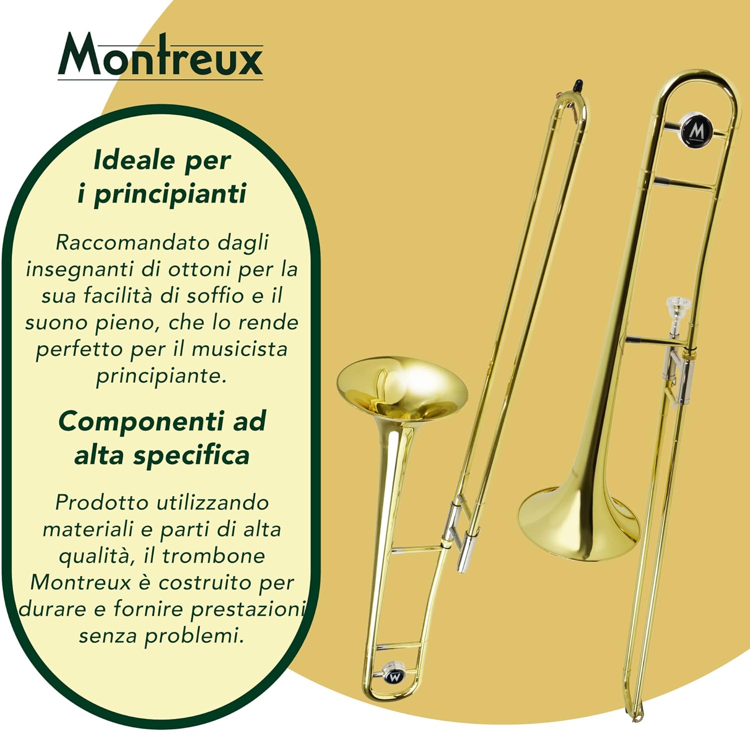 Montreux Student Trombone in Sib per Principianti con Custodia Protettiva Leggera, Bocchino 12C - Ottone Laccato, Campana da 8"/20 cm, Si Bemolle