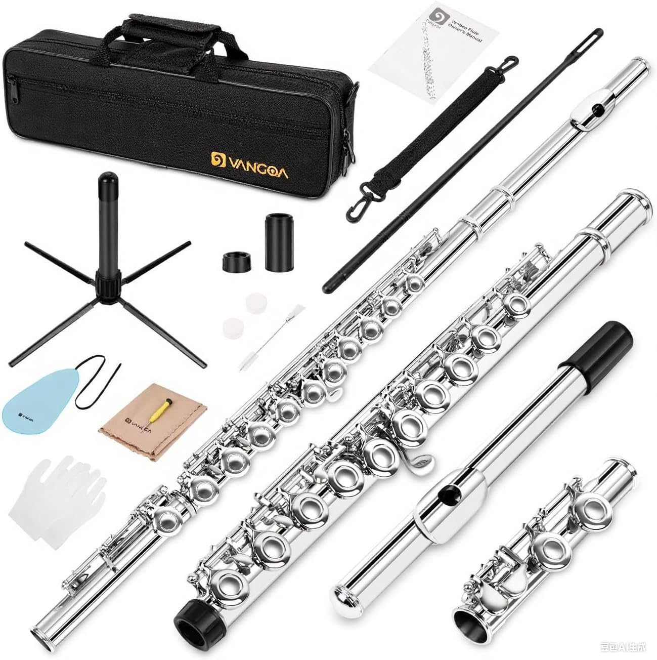 Vangoa Nickel Foro Chiuso 16 Tasti di C Studente Principiante Flauto per bambini Set di Strumenti Musicali con Custodia per il Trasporto Guanti per Supporto Asta di Pulizia e Panno