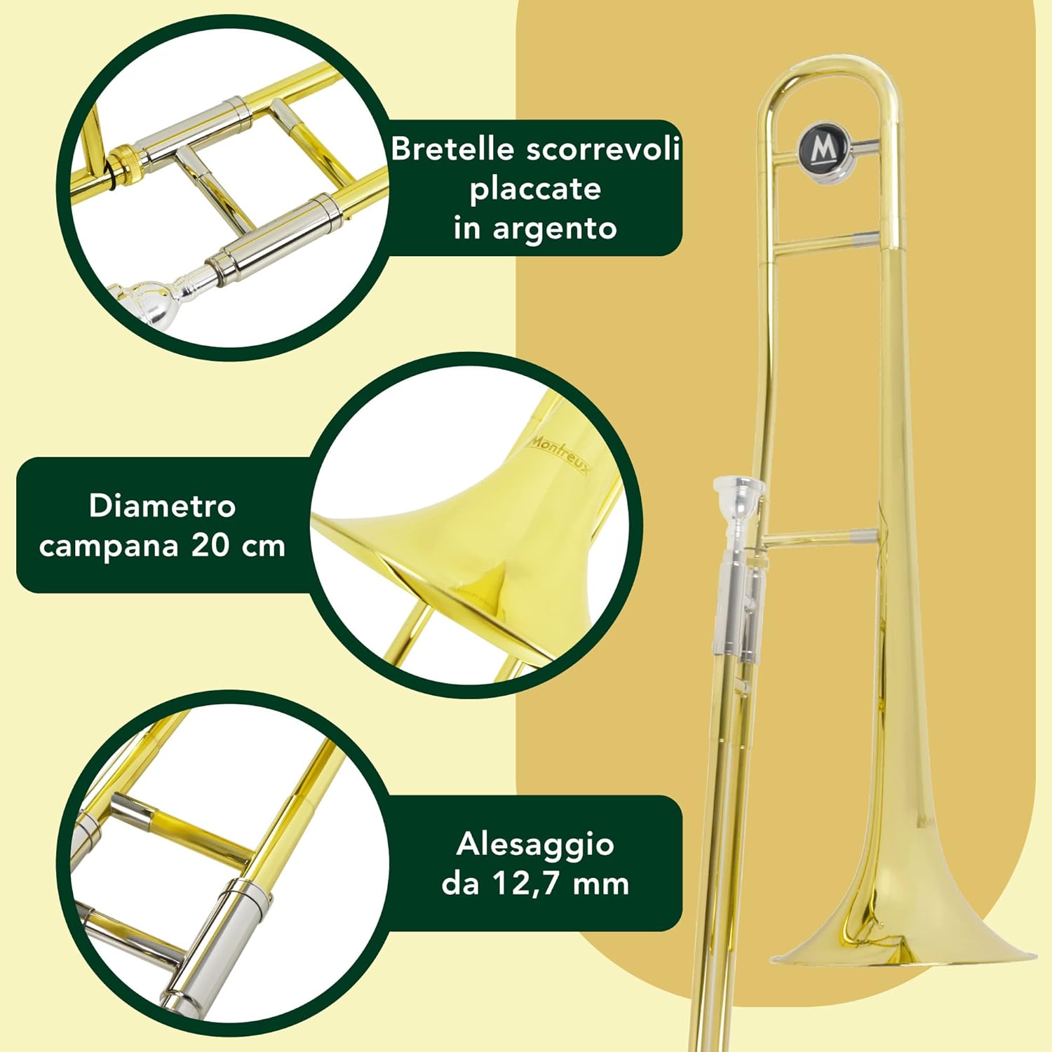 Montreux Student Trombone in Sib per Principianti con Custodia Protettiva Leggera, Bocchino 12C - Ottone Laccato, Campana da 8"/20 cm, Si Bemolle