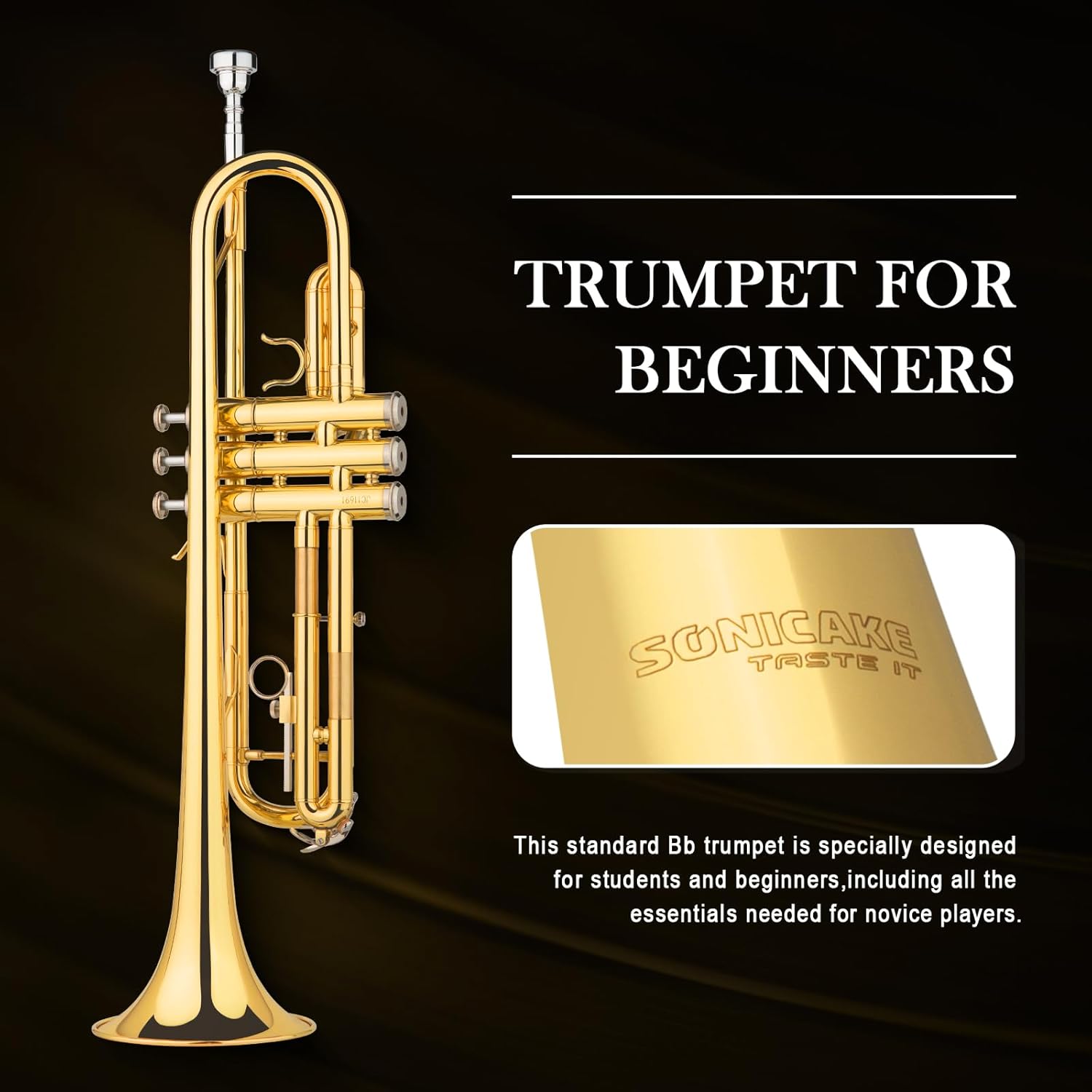 SONICAKE Tromba Bb Standard per Principianti, Tromba Studentesca in Ottone Dorato con Custodia Rigida, Bocchino 7C, Kit di Pulizia & Guanti QTP-01