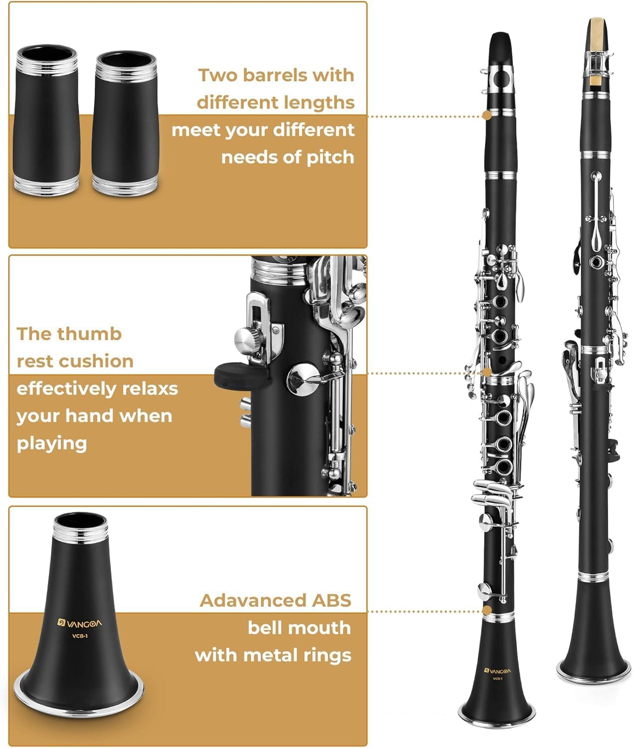 Vangoa B Flat Clarinetto 17 chiavi in nichel set per principianti, studenti , con bocchino 4C, kit di pulizia, balsamo per le labbra, custodia rigida, supporto, 10 ance e guanti, nero