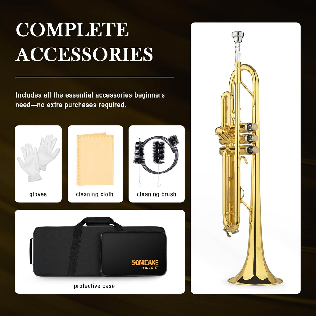 SONICAKE Tromba Bb Standard per Principianti, Tromba Studentesca in Ottone Dorato con Custodia Rigida, Bocchino 7C, Kit di Pulizia & Guanti QTP-01