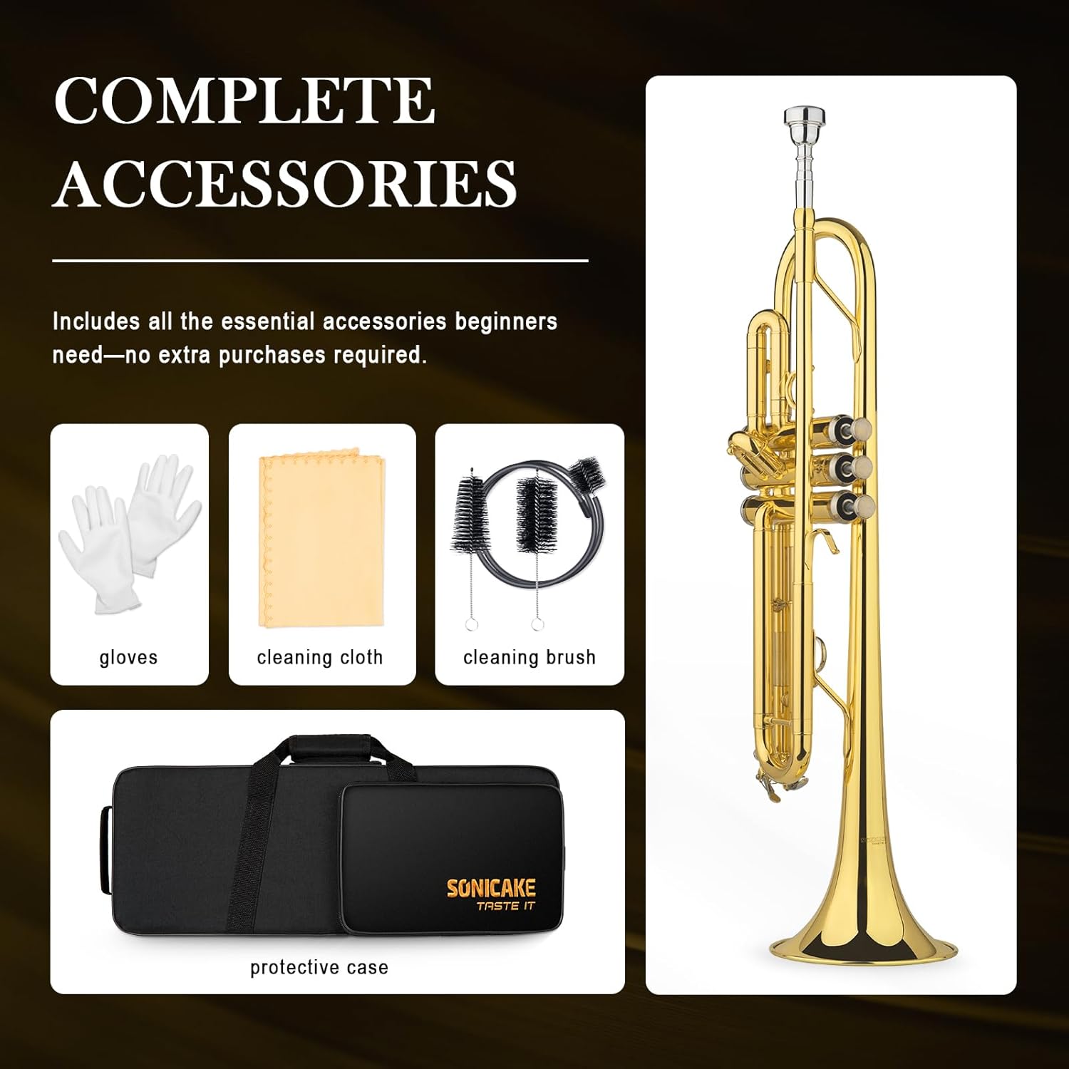 SONICAKE Tromba Bb Standard per Principianti, Tromba Studentesca in Ottone Dorato con Custodia Rigida, Bocchino 7C, Kit di Pulizia & Guanti QTP-01