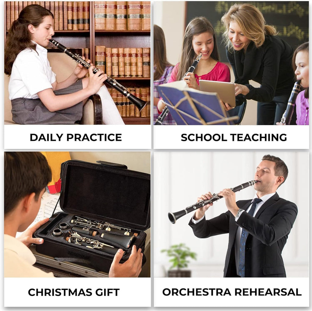 Vangoa B Flat Clarinetto 17 chiavi in nichel set per principianti, studenti , con bocchino 4C, kit di pulizia, balsamo per le labbra, custodia rigida, supporto, 10 ance e guanti, nero
