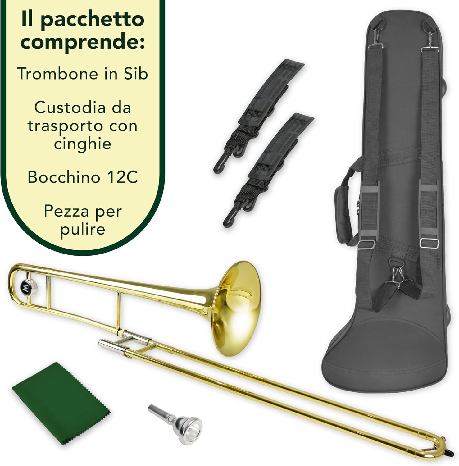 Montreux Student Trombone in Sib per Principianti con Custodia Protettiva Leggera, Bocchino 12C - Ottone Laccato, Campana da 8"/20 cm, Si Bemolle