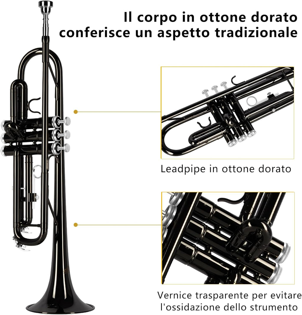 EASTROCK Standard Tromba Set Standard Bb Tromba In Ottone Con Hard Shell,Guanti,Tessuto,7C Tromba Bocchino,Trombe per Principianti,Studenti,Adulti e Artisti professionisti (Nero)