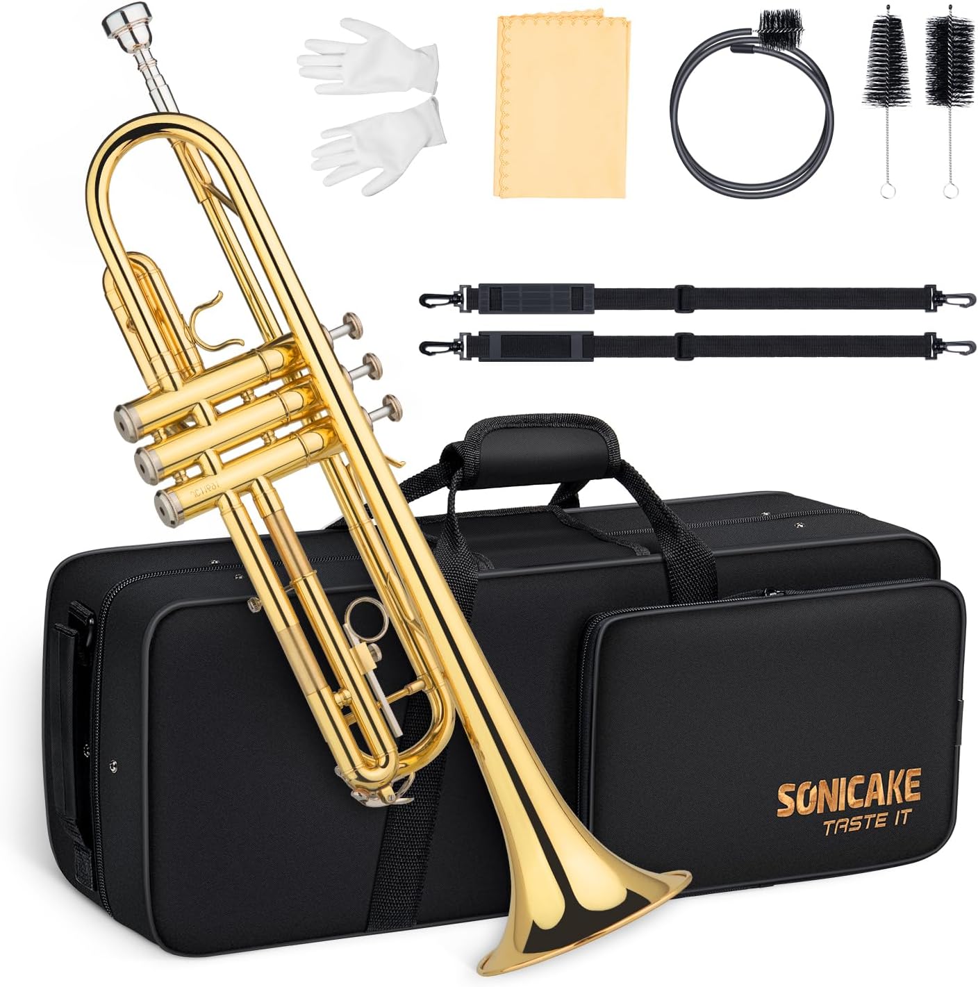 SONICAKE Tromba Bb Standard per Principianti, Tromba Studentesca in Ottone Dorato con Custodia Rigida, Bocchino 7C, Kit di Pulizia & Guanti QTP-01
