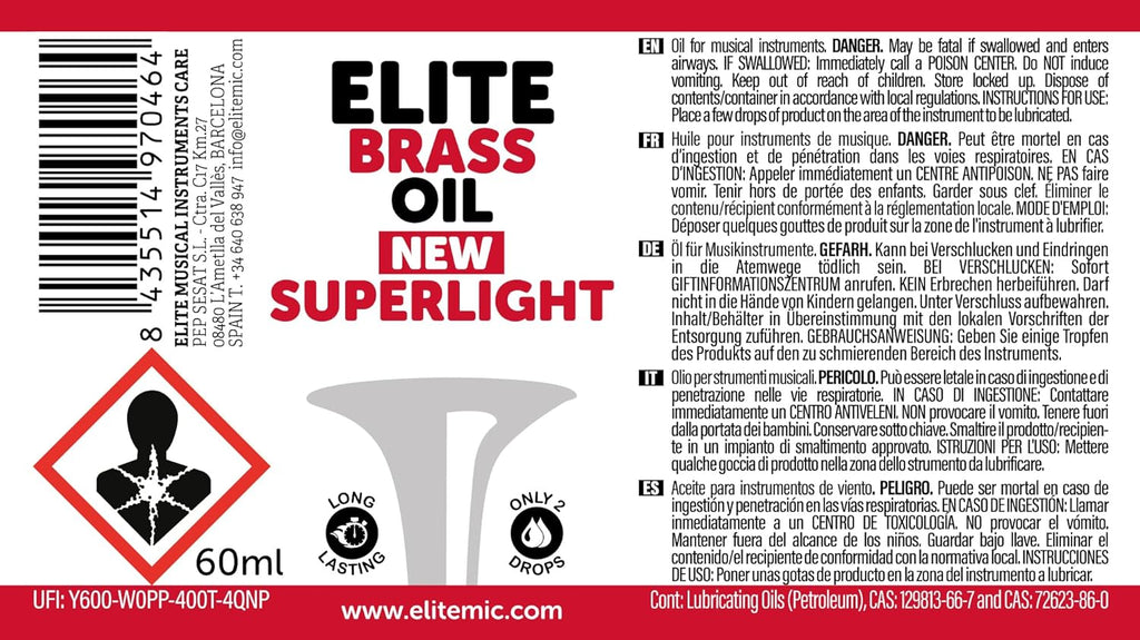 Elite Brass Oil New Superlight 60 ml - Olio per strumenti musicali a vento: tromba, trombone, fliscorno, tuba, ecc
