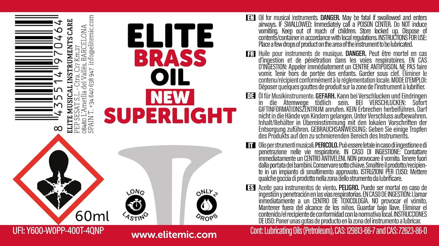 Elite Brass Oil New Superlight 60 ml - Olio per strumenti musicali a vento: tromba, trombone, fliscorno, tuba, ecc