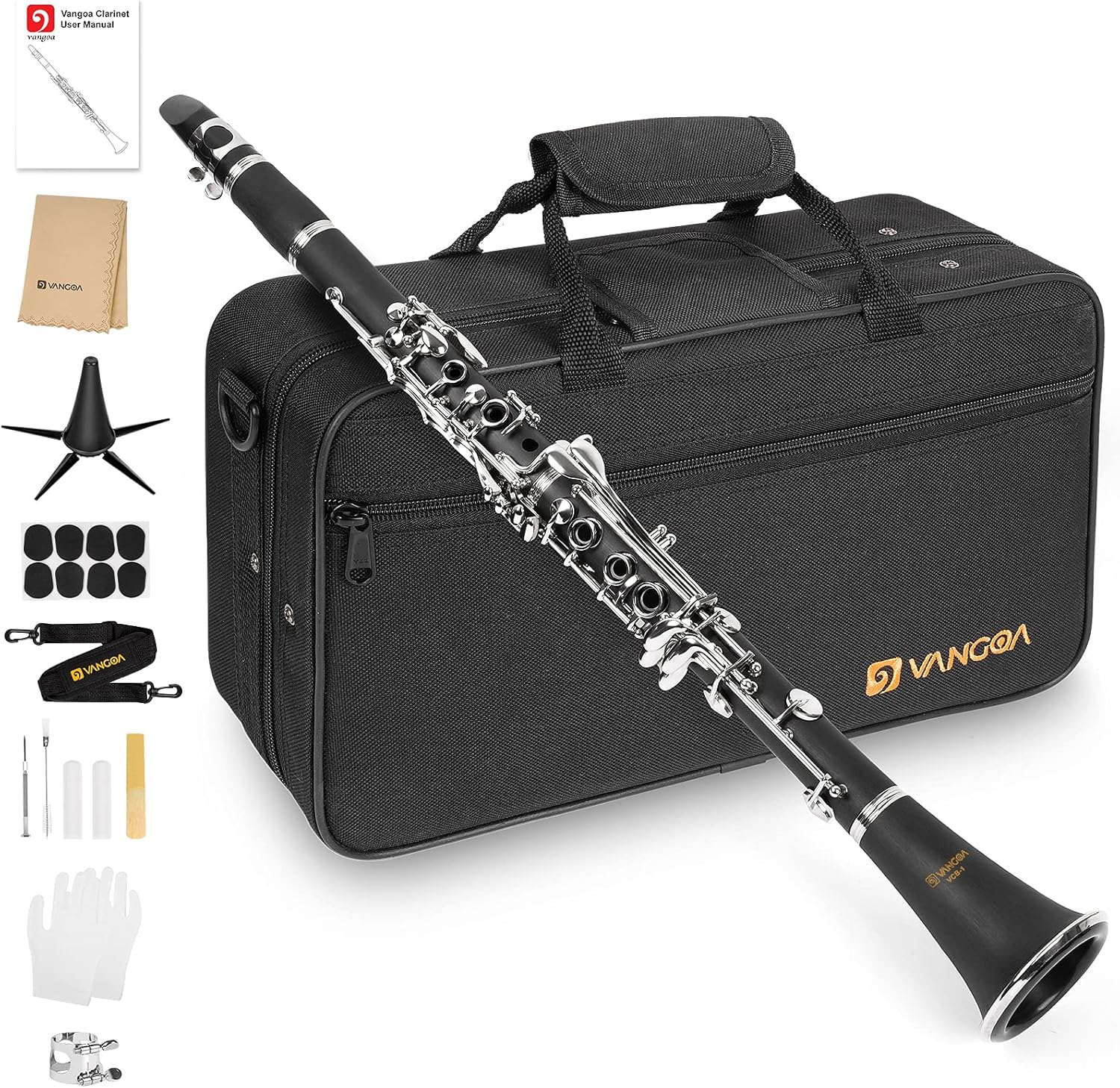 Vangoa B Flat Clarinetto 17 chiavi in nichel set per principianti, studenti , con bocchino 4C, kit di pulizia, balsamo per le labbra, custodia rigida, supporto, 10 ance e guanti, nero